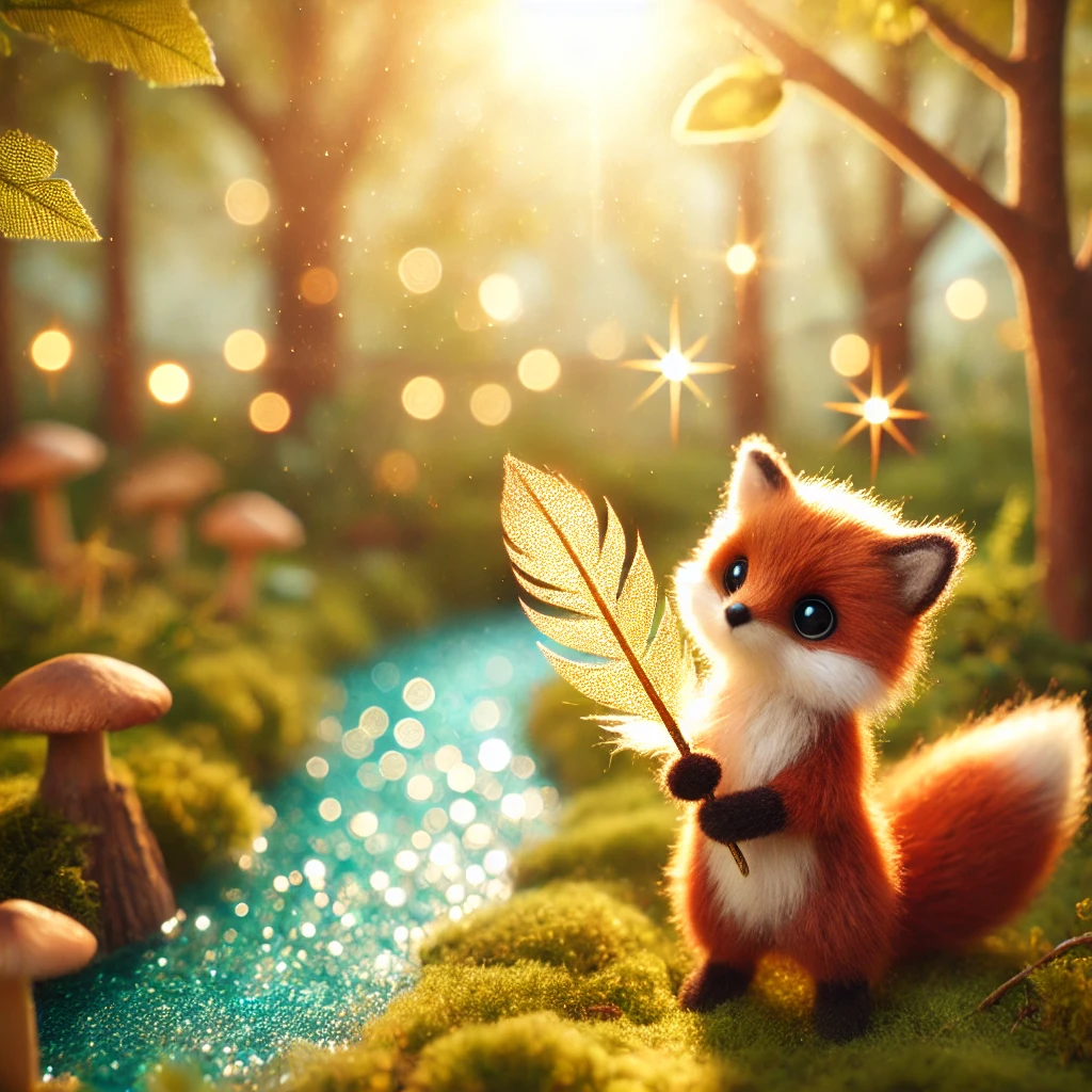 DALL·E-2025-02-27-07.58.40-A-curious-little-red-fox-holding-a-glowing-golden-feather-standing-near-a-sparkling-river-in-a-magical-forest.-The-scene-is-bright-and-whimsical-wit The Little Fox and the Magic Feather