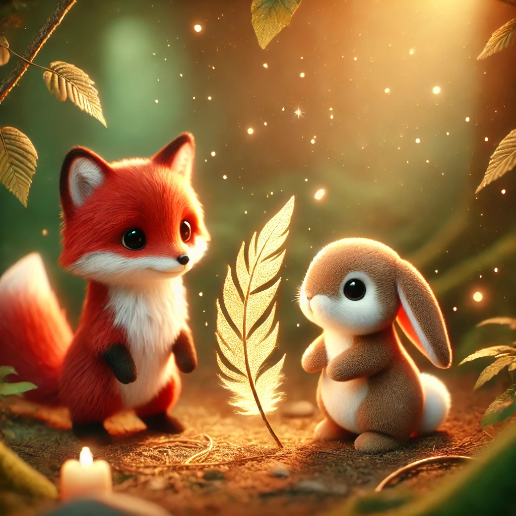 DALL·E-2025-02-27-08.00.55-A-cute-red-fox-and-a-small-brown-bunny-standing-together-in-a-forest-clearing-looking-at-a-glowing-golden-feather.-The-scene-is-magical-with-soft-gl The Little Fox and the Magic Feather