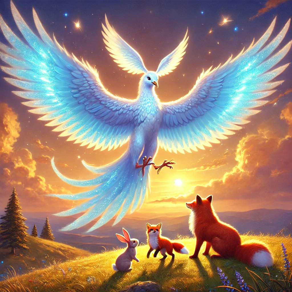 DALL·E-2025-02-27-08.01.01-A-majestic-Sky-Bird-with-shimmering-blue-wings-glowing-softly-as-it-spreads-its-wings-over-a-small-red-fox-and-a-brown-bunny.-The-setting-is-a-hillto The Little Fox and the Magic Feather
