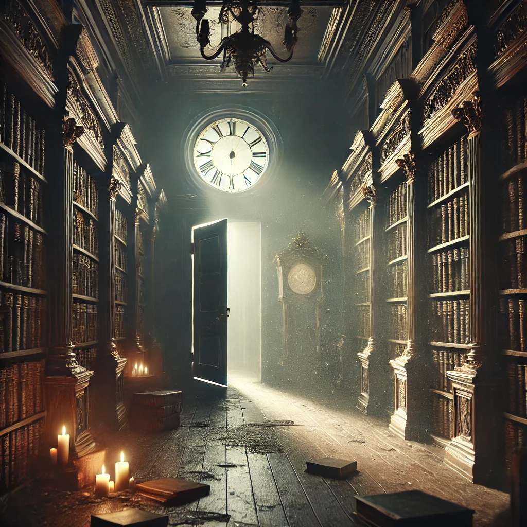 DALL·E-2025-02-27-08.49.34-A-dimly-lit-library-with-a-grand-antique-clock-slightly-open-revealing-a-hidden-passage.-Dust-floats-in-the-air-and-the-atmosphere-is-eerie-yet-intr The Forgotten Key – A Mystery Unlocked