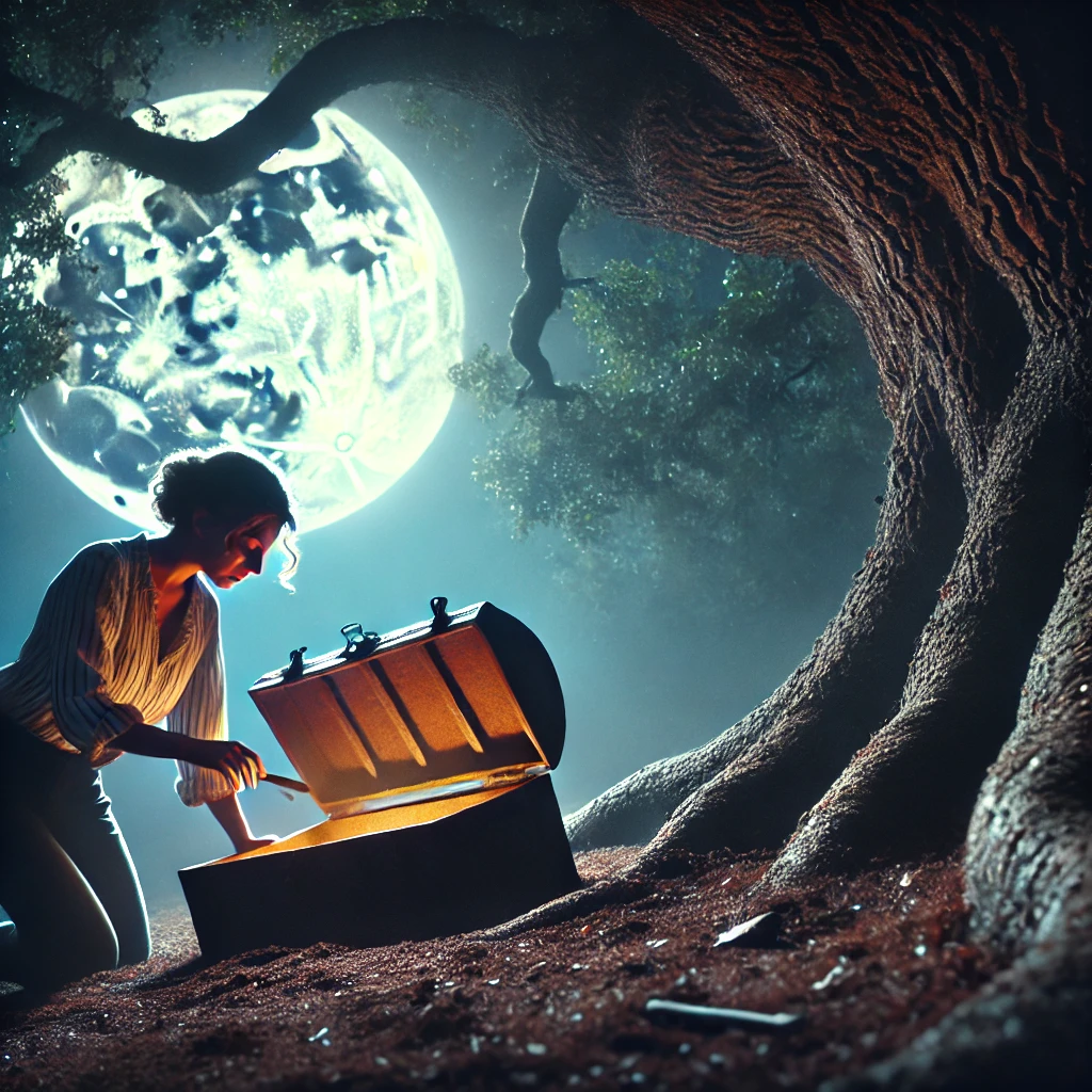 DALL·E-2025-02-27-08.49.40-A-woman-digging-beneath-an-ancient-oak-tree-at-night-uncovering-a-rusted-metal-box.-The-moon-casts-a-haunting-glow-over-the-scene-creating-a-suspens The Forgotten Key – A Mystery Unlocked