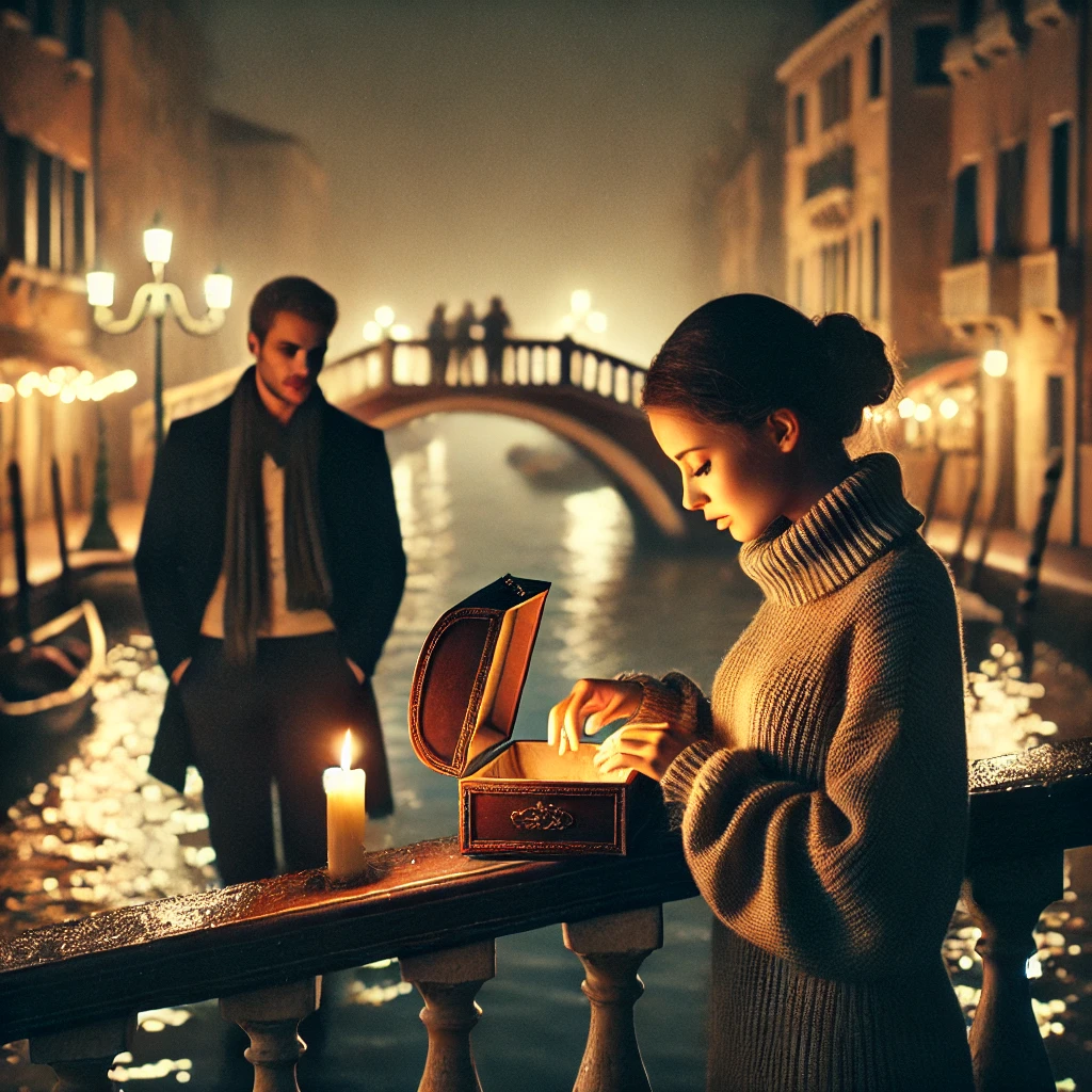 DALL·E-2025-02-27-14.33.46-A-romantic-nighttime-scene-on-a-Venetian-bridge-where-a-woman-opens-a-small-wooden-box-and-a-man-stands-behind-her-watching-with-longing-eyes.-The- The Key to Forever – A Love Lost & Found