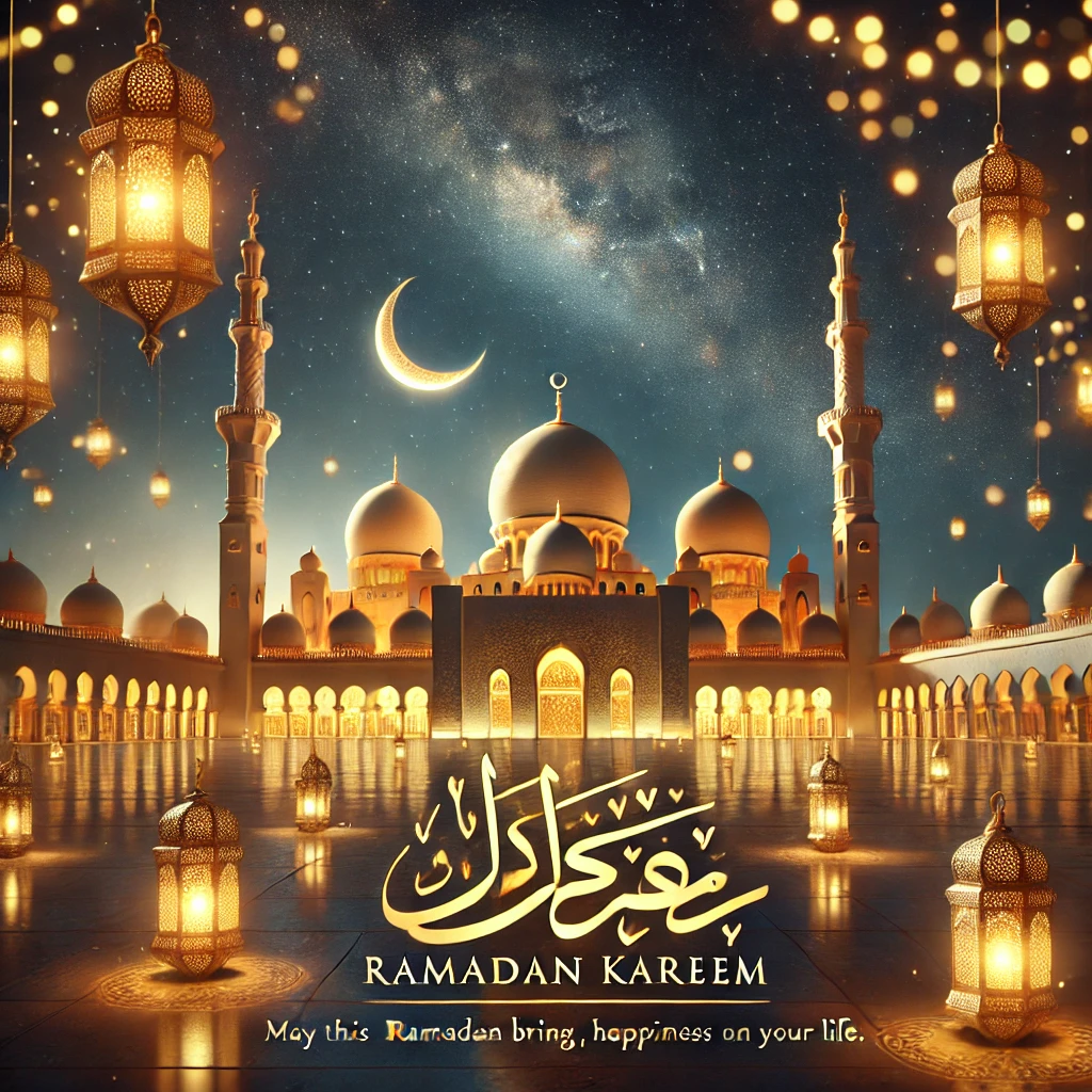 DALL·E-2025-03-01-11.41.59-A-high-definition-image-celebrating-Ramadan-Kareem.-The-scene-features-a-beautifully-lit-mosque-under-a-starry-night-sky-with-a-crescent-moon.-Elegant Ramadan Kareem Wishes: Heartfelt Quotes & Beautiful HD Images - 2025