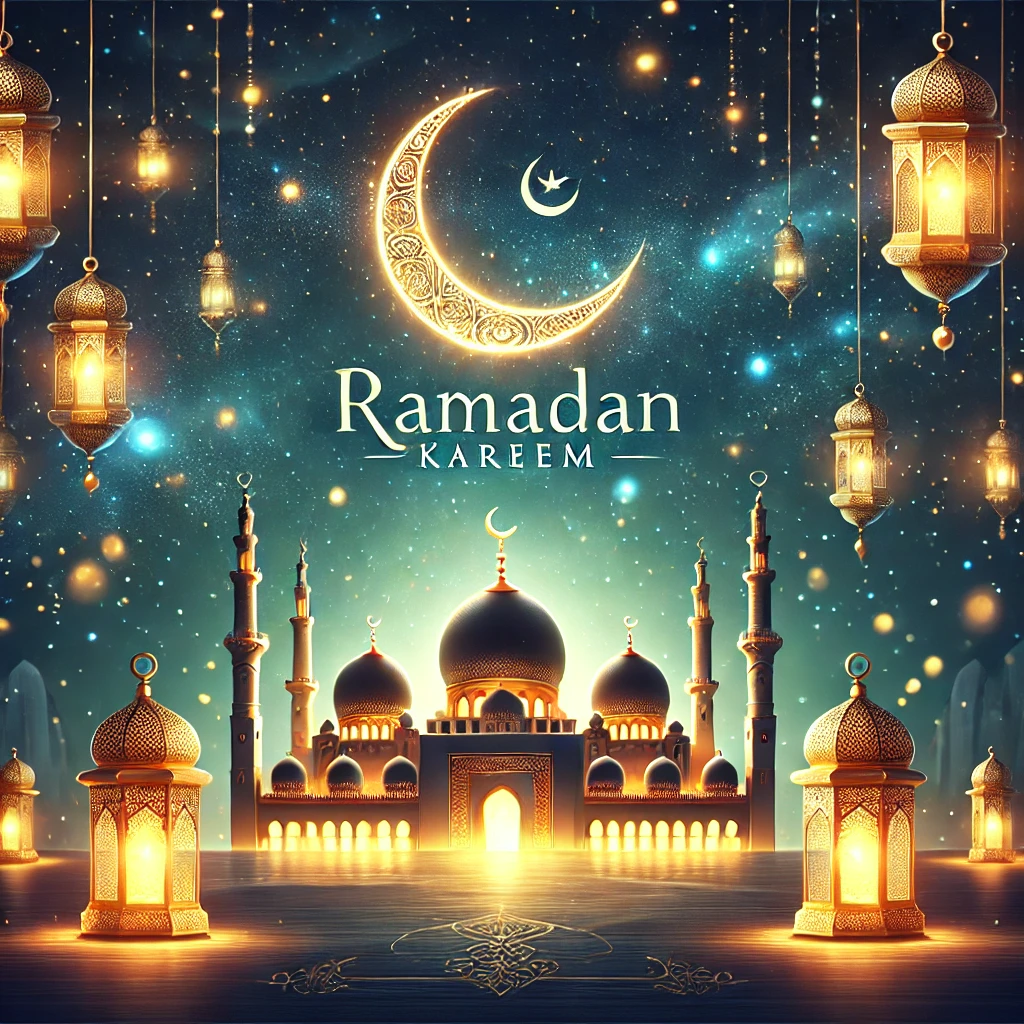 DALL·E-2025-03-01-11.44.27-A-high-definition-Ramadan-Kareem-greeting-design.-The-artwork-features-a-beautifully-illuminated-mosque-under-a-starry-night-sky-with-a-crescent-moon- Ramadan Kareem Wishes: Heartfelt Quotes & Beautiful HD Images - 2025
