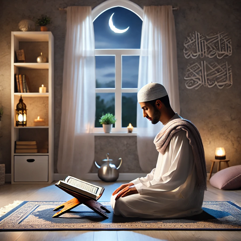 DALL·E-2025-03-10-12.25.31-A-peaceful-home-prayer-setting-during-Ramadan.-A-Muslim-individual-in-traditional-attire-is-praying-Taraweeh-in-a-serene-room-with-a-prayer-mat-an-op How to Pray Taraweeh at Home – Step-by-Step Guide for Ramadan